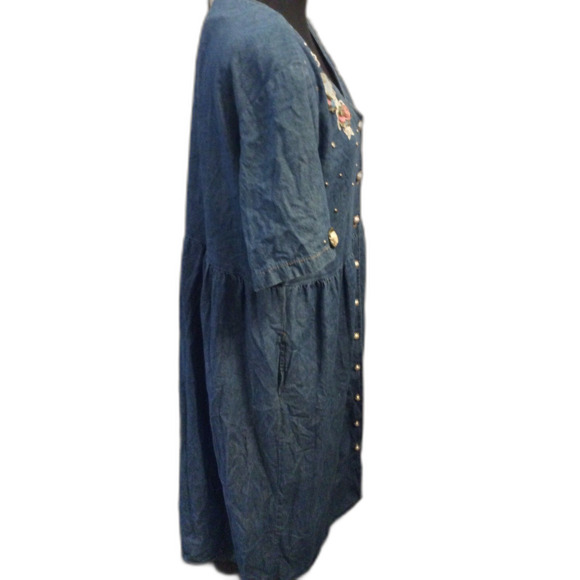 Vintage Cottagecore 80s Soft Denim Dress Pearl Button Front Floral Lace L - Picture 4 of 6